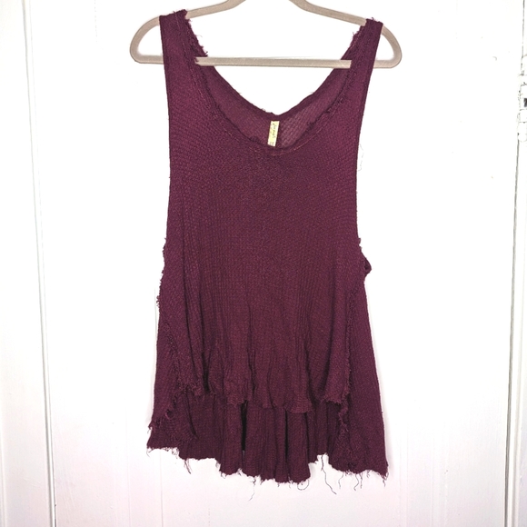 Free People Burgundy High Low Waffle Knit Slouchy Tank Top Woman's Small - Picture 2 of 3